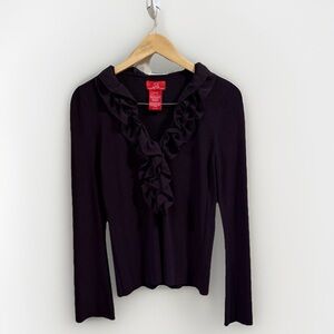 Oscar De La Renta Women's Sz Medium Eggplant Purple Ruffle Vneck Sweater